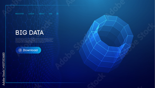 Bid data blue background. Wireframe cylinder vector. Network connection.