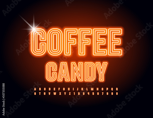 Vector neon template Coffee Candy. Light tube Alphabet Letters and Numbers set. Illuminated Led Font