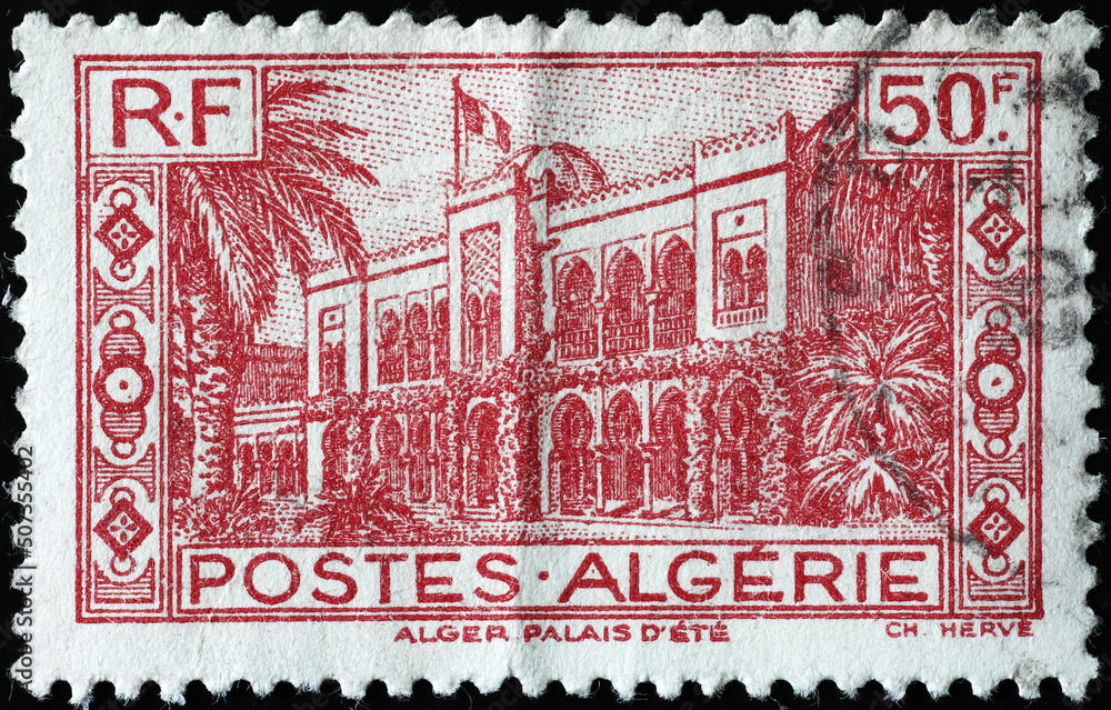Summer palace of Algiers on vintage postage stamp