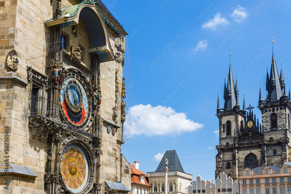 Naklejka premium Prague old town square and astronomical clock, Czech Republic
