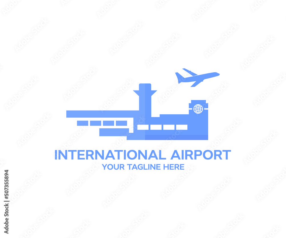 Airport view with airplane. Modern international airport logo design. Aviation technology and world travel concep vector design and illustration.