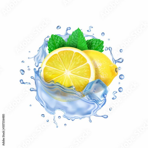 lemon slices and fresh mint leaves in a splash of water or tea with drops. Lemonade, ice cubes, lemon beverage vector