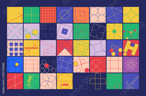 Set of simple geometric abstract thin line icons in a minimalist square shape design. Vector illustration