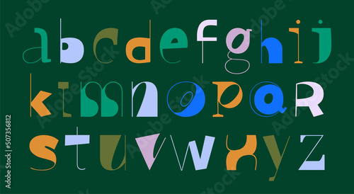 Large set of random letter shapes. English alphabet from geometric capital letters of eclectic shapes. Brutalism modern font type. Condensed and Bold font from geometric objects.