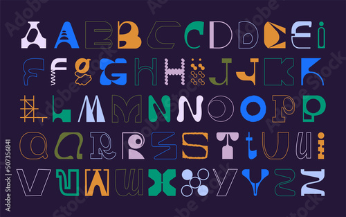 Large set of random letter shapes. English alphabet from geometric capital letters of eclectic shapes. Brutalism modern font type. Condensed and Bold font from geometric objects.