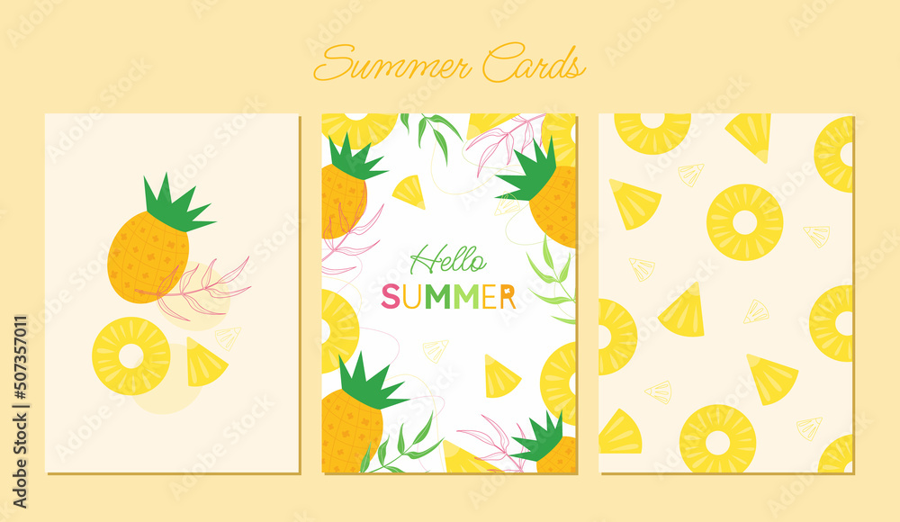 Hello, summer! A set of summer, bright, sunny postcards with pineapple and tropical leaves. Exotic summer background with creative design, postcards, posters, template.