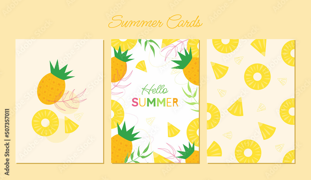 Hello, summer! A set of summer, bright, sunny postcards with pineapple and tropical leaves. Exotic summer background with creative design, postcards, posters, template. Hello, summer! A set of summer, bright, sunny postcards with pineapple and tropical leaves. Exotic summer background with creative design, postcards, posters, template.