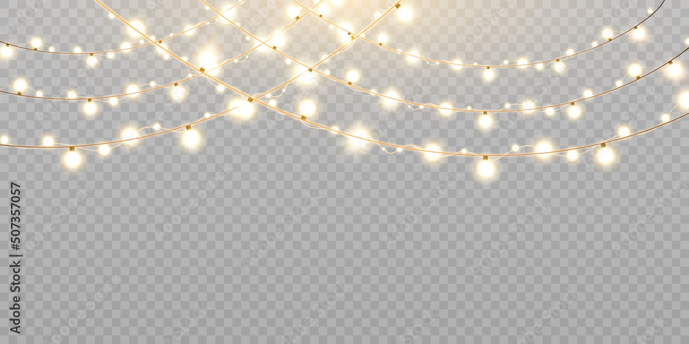 Christmas lights isolated on transparent background. Set of golden Christmas glowing garlands with sparks. For congratulations, invitations and advertising design. Vector