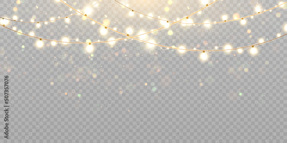 Christmas lights isolated on transparent background. Set of golden Christmas glowing garlands with sparks. For congratulations, invitations and advertising design. Vector - obrazy, fototapety, plakaty 