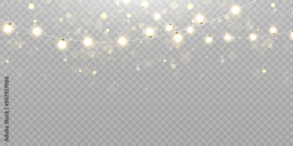Christmas lights isolated on transparent background. Set of golden Christmas glowing garlands with sparks. For congratulations, invitations and advertising design. Vector