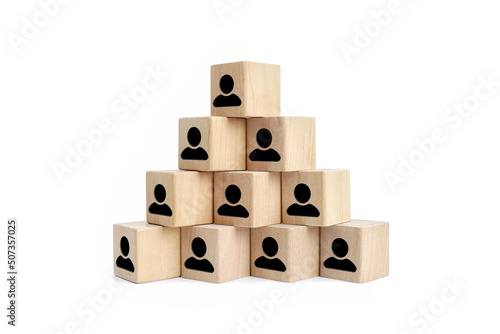 Human Resources, Management hierarchy pyramid with wooden cubes on white. Human resources, corporate hierarchy concept and multilevel marketing , recruiter complete team represented.