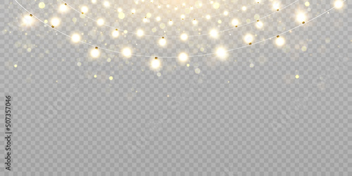 Christmas lights isolated on transparent background. Set of golden Christmas glowing garlands with sparks. For congratulations, invitations and advertising design. Vector