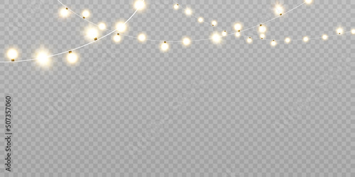 Christmas lights isolated on transparent background. Set of golden Christmas glowing garlands with sparks. For congratulations, invitations and advertising design. Vector
