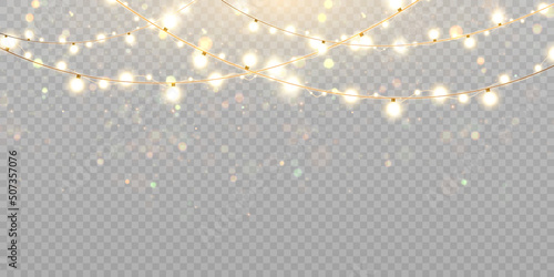 Christmas lights isolated on transparent background. Set of golden Christmas glowing garlands with sparks. For congratulations, invitations and advertising design. Vector photo