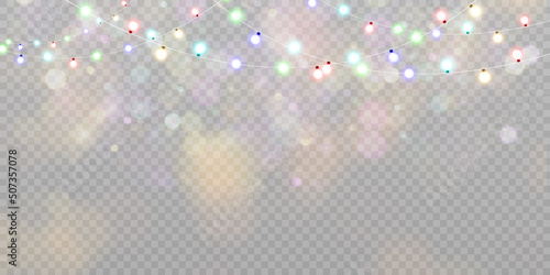 Christmas lights isolated on transparent background. Set of golden Christmas glowing garlands with sparks. For congratulations, invitations and advertising design. Vector
