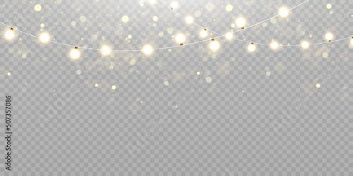 Christmas lights isolated on transparent background. Set of golden Christmas glowing garlands with sparks. For congratulations, invitations and advertising design. Vector