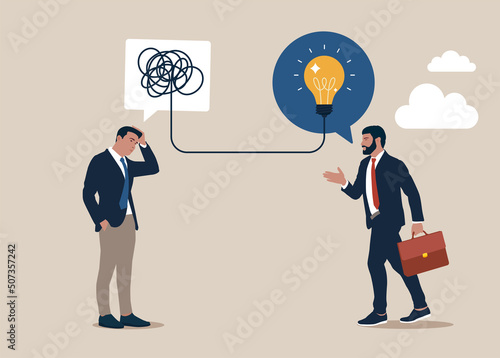 Confused businessman with messy thinking with other giving lightbulb solution. Problem solving skill to think of solution, creativity to solve difficult issue, resolution or coaching to help trouble.