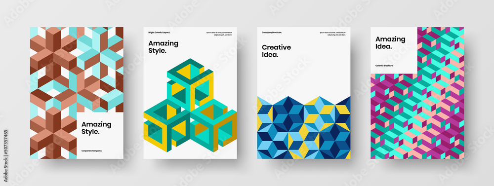 Vivid mosaic shapes placard concept collection. Fresh corporate brochure design vector template bundle.