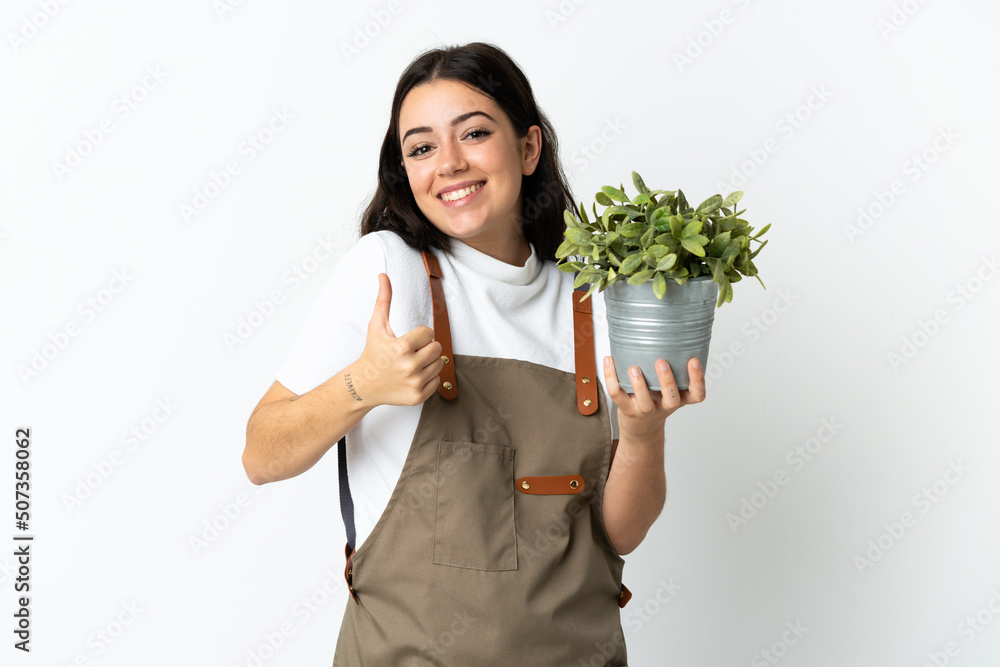 Young caucasian woman holding a plant isolated on white background with thumbs up because something good has happened Young caucasian woman holding a plant isolated on white background with thumbs up because something good has happened
