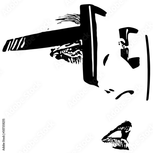 Beauty, style and fashion concept. Abstract woman face with sunglasses silhouette illustration. Profile view of woman face silhouette looking aside camera in white background. Abstract minimalist art