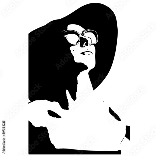 Beauty, style and fashion concept. Abstract woman face with sunglasses and big hat silhouette illustration. Abstract and minimalist art of sexy looking model. French style. Woman looking up