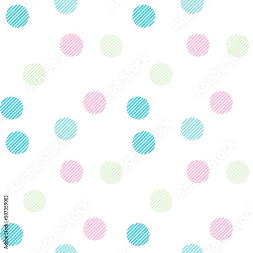 Blue, pink, and green pastel straight line circle, random seamless pattern on the white background. Vector illustration. 