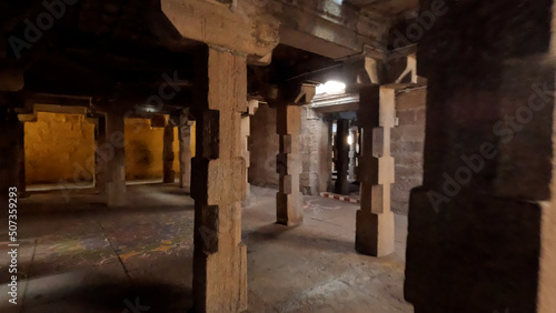 Corridors of 1000 years old Hindu god shiva temple from Tamil Nadu  India