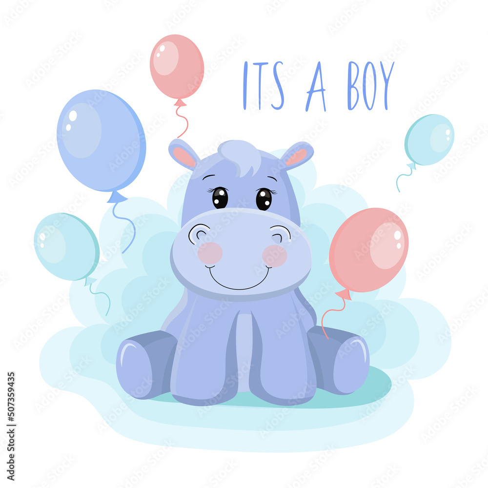 Fototapeta premium baby shower greeting card with baby hippo. It's a boy