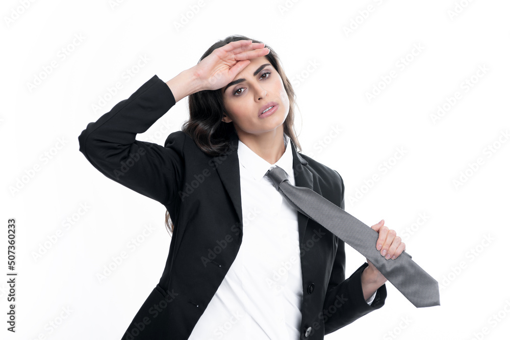 Tired business woman in suit and tie. Confident female entrepreneur. Female employee sad secretary. Portrait of attractive elegant fixing suit isolated on white background. Tired business woman in suit and tie. Confident female entrepreneur. Female employee sad secretary. Portrait of attractive elegant fixing suit isolated on white background.