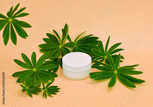 A white cosmetic jar on a beige background among green lupine leaves.