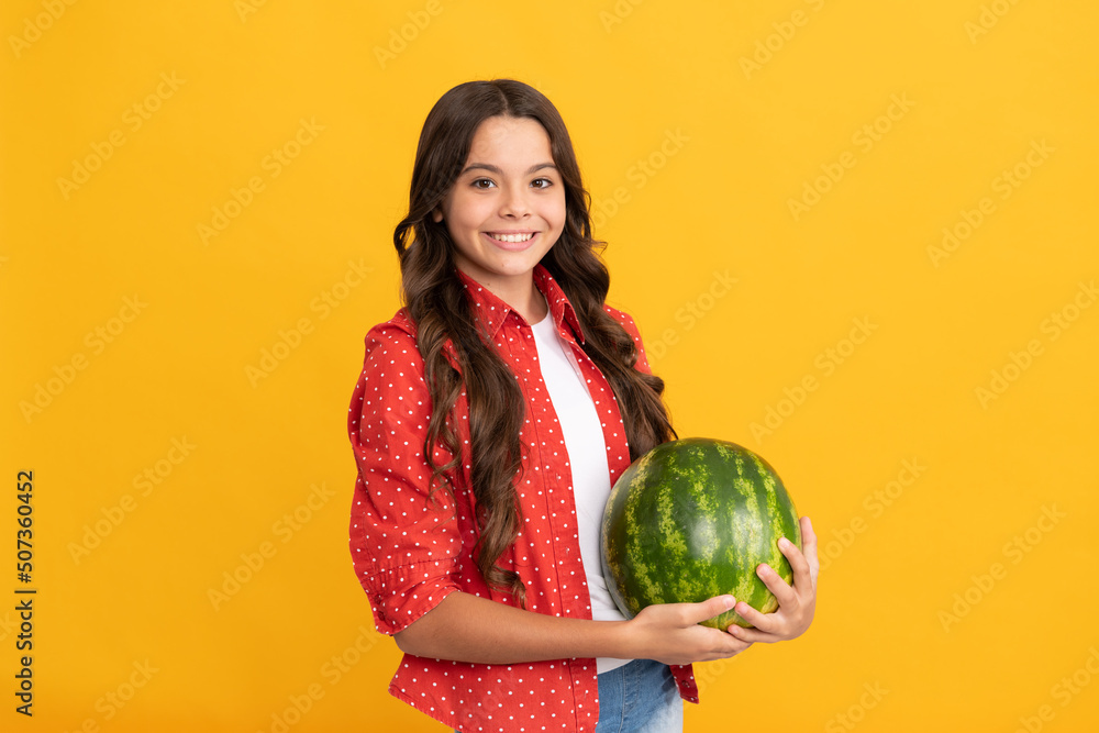 happy teen girl hold fresh ripe watermelon fruit on yellow backdrop, health happy teen girl hold fresh ripe watermelon fruit on yellow backdrop, health