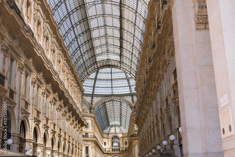 Architectural detail of the Galleria Vittorio Emanuele II in the city of Milan, Italy's oldest active shopping gallery and a major landmark, located at the Piazza del Duomo