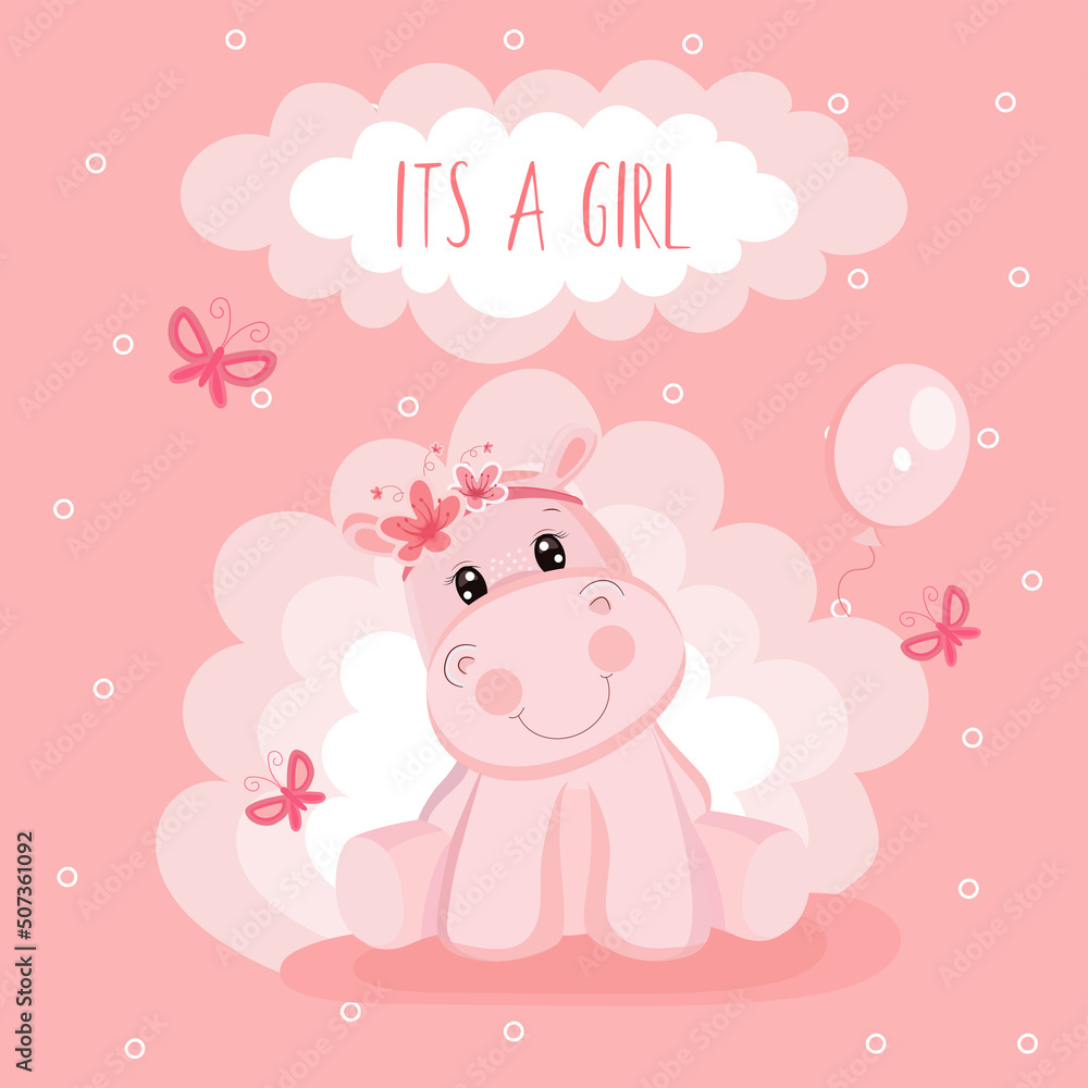 Baby shower greeting card with baby hippo. It's a girl