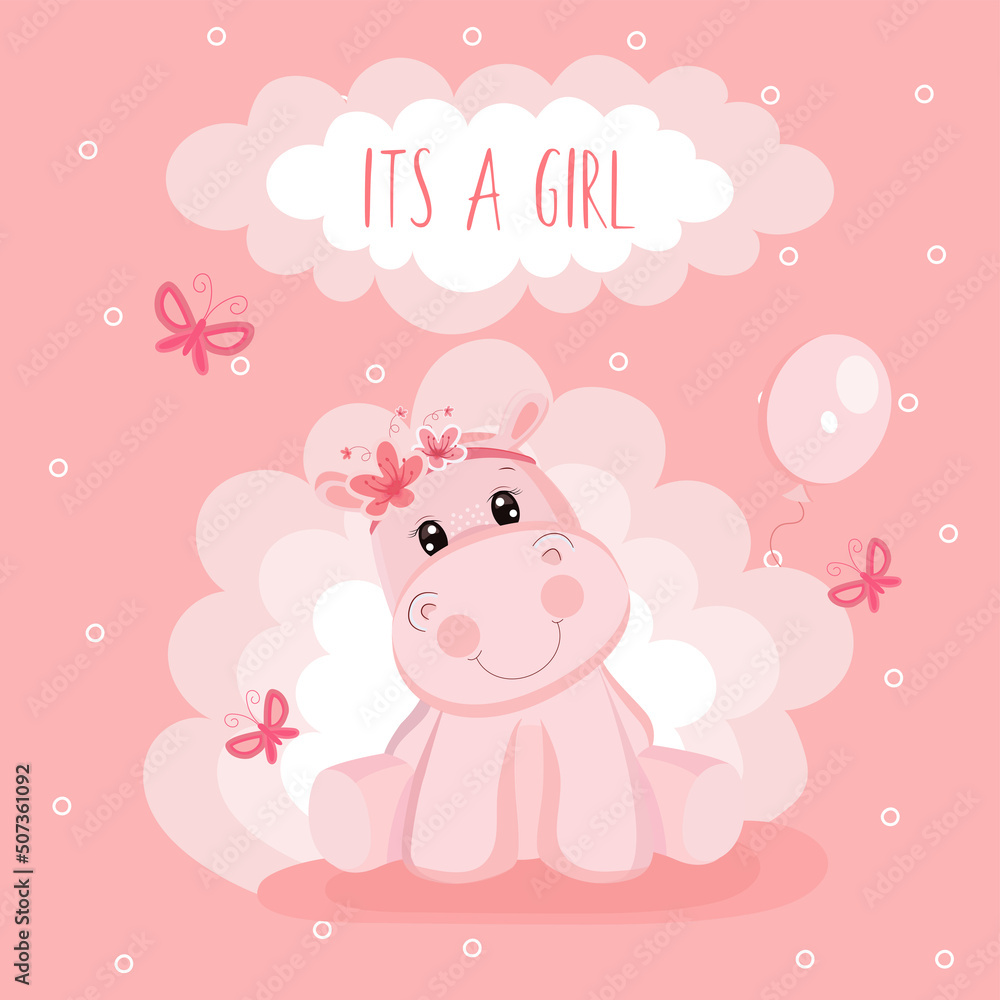 Baby shower greeting card with baby hippo. It's a girl Baby shower greeting card with baby hippo. It's a girl