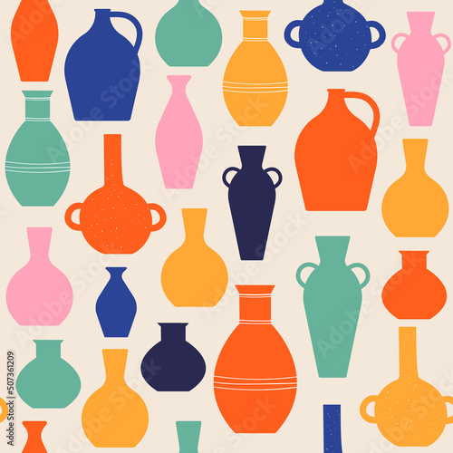 Seamless vector pattern with abstract ceramic vases silhouettes. Wine jar, amphora, urn, vase, pot, pitcher. Pottery background for design and print