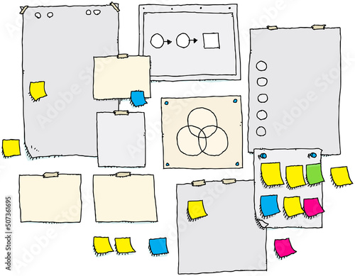 A cluster of blank posted papers and notes with copyspace.
