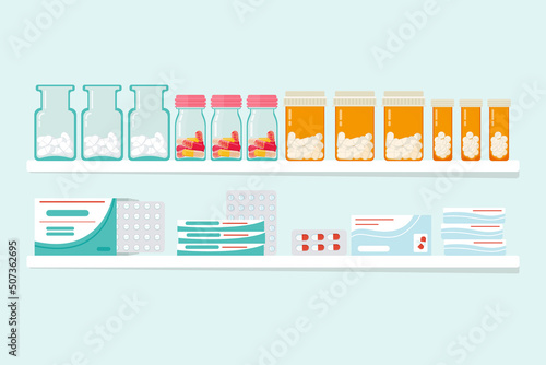 Shelves with medical preparations. Packaging with medicines. Medical, therapeutic pills, capsules, tablets. Orange bottle with pills. Medicines, medications for treatment. Vector illustration