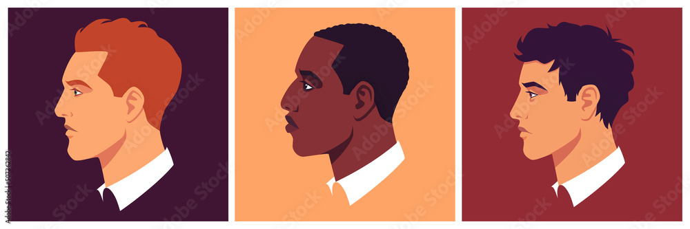 Head of brunet, redhead and african man in profile. Male portrait, face side view. Avatar of businessman for social networks. Stock vector illustration in flat style.