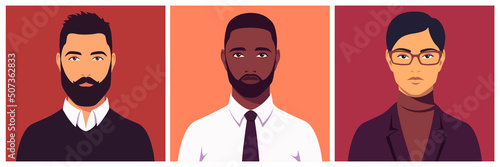 Portrait of young businessman, full face. Portraits of multicultural office workers. Abstract male portrait. Stock vector isolated illustration in flat style.