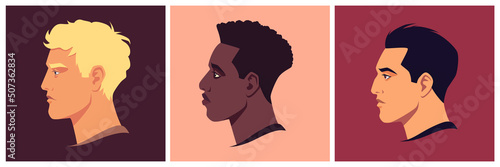 Head of blond, brunet and african man in profile. Male portrait, face side view. Avatar of man for social networks. Stock vector illustration in flat style.