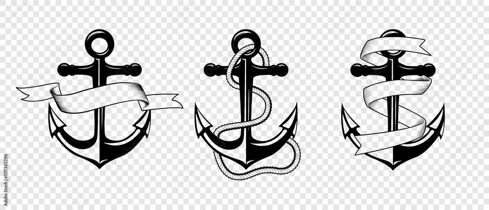 Vector Hand drawn Anchor Icon Set Isolated. Design Template for Tattoos, Tshirt, Logo, Labels. Anchor with Ribbon, Rope. Antique Vintage Marine Anchors Vector Hand drawn Anchor Icon Set Isolated. Design Template for Tattoos, Tshirt, Logo, Labels. Anchor with Ribbon, Rope. Antique Vintage Marine Anchors