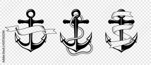 Vector Hand drawn Anchor Icon Set Isolated. Design Template for Tattoos  Tshirt  Logo  Labels. Anchor with Ribbon  Rope. Antique Vintage Marine Anchors