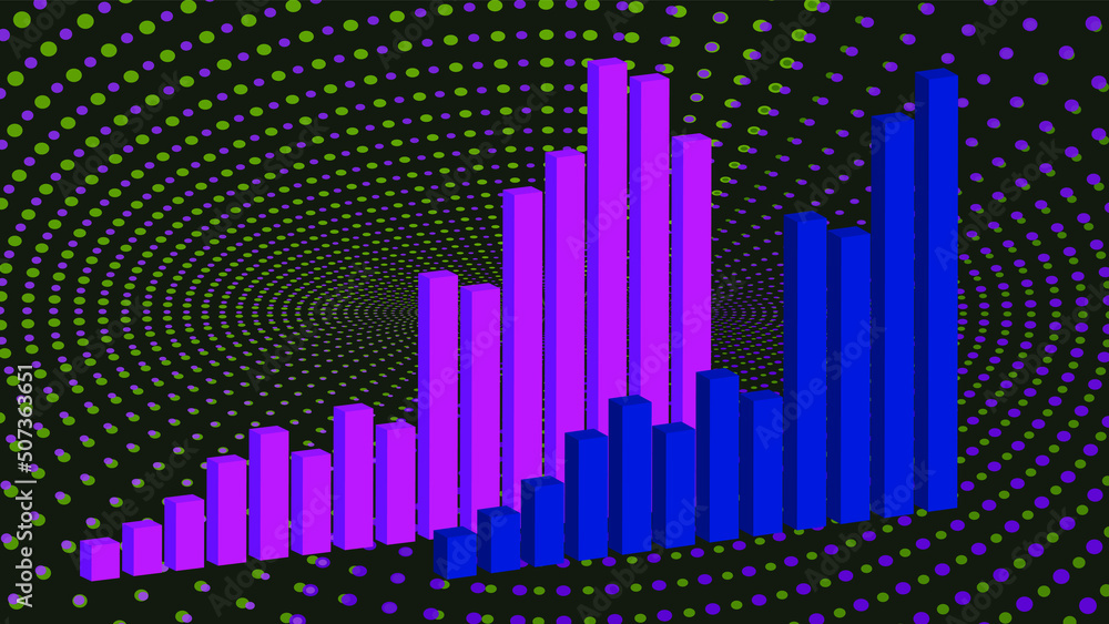 Growing up business 3d graph chart blue and purple color on digital black background. Financial markets. Banking and Insurance concept. Global economic recovery. Statistics. Market volatility. NFT