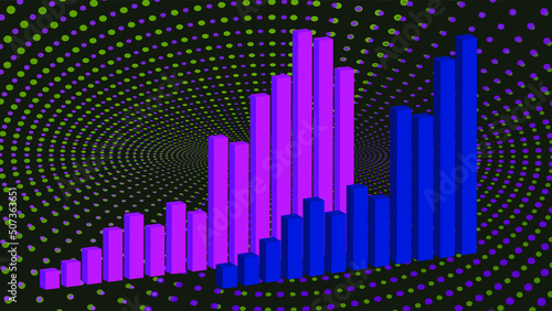 Growing up business 3d graph chart blue and purple color on digital black background. Financial markets. Banking and Insurance concept. Global economic recovery. Statistics. Market volatility. NFT