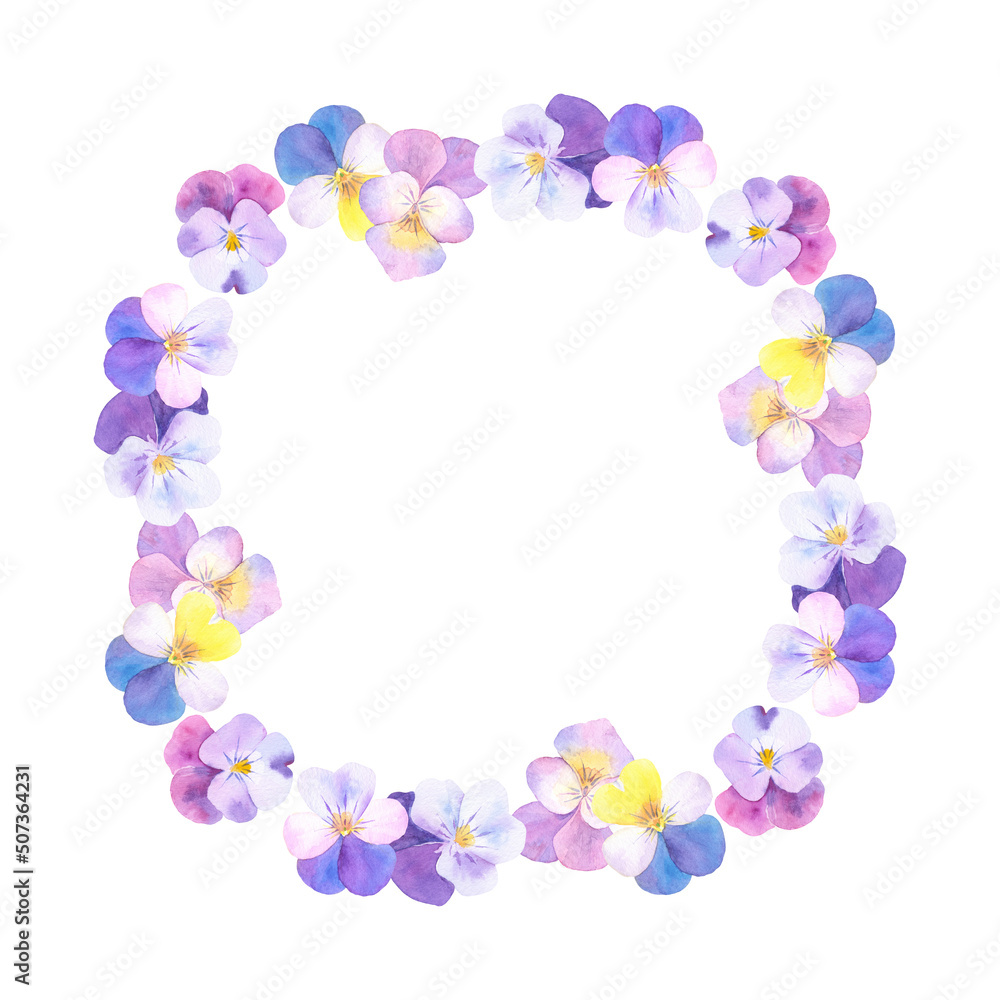 Hand-drawn floral frame with pansies and place for text. Watercolor illustration isolated on white. Perfect as a greeting card, invitation, design element.