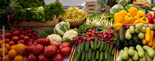 Fruits and vegetables at a farmers market. 
