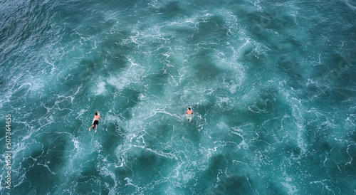 Canvas Print Aerial view of surfers waiting for the wave. Sri Lanka, Midigama