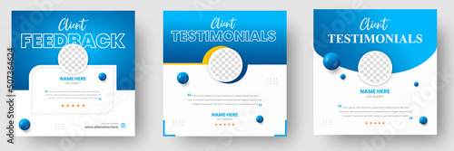 Customer feedback testimonial social media post web banner template. client testimonials social media post banner design template with blue color