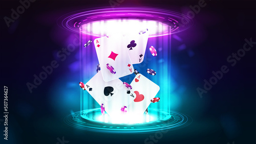 Casino playing cards with poker chips inside pink and blue hologram of digital rings in dark empty scene
