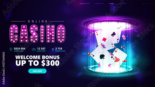 Online casino, banner for website with button and playing cards with poker chips inside pink and blue hologram of digital rings in dark empty scene